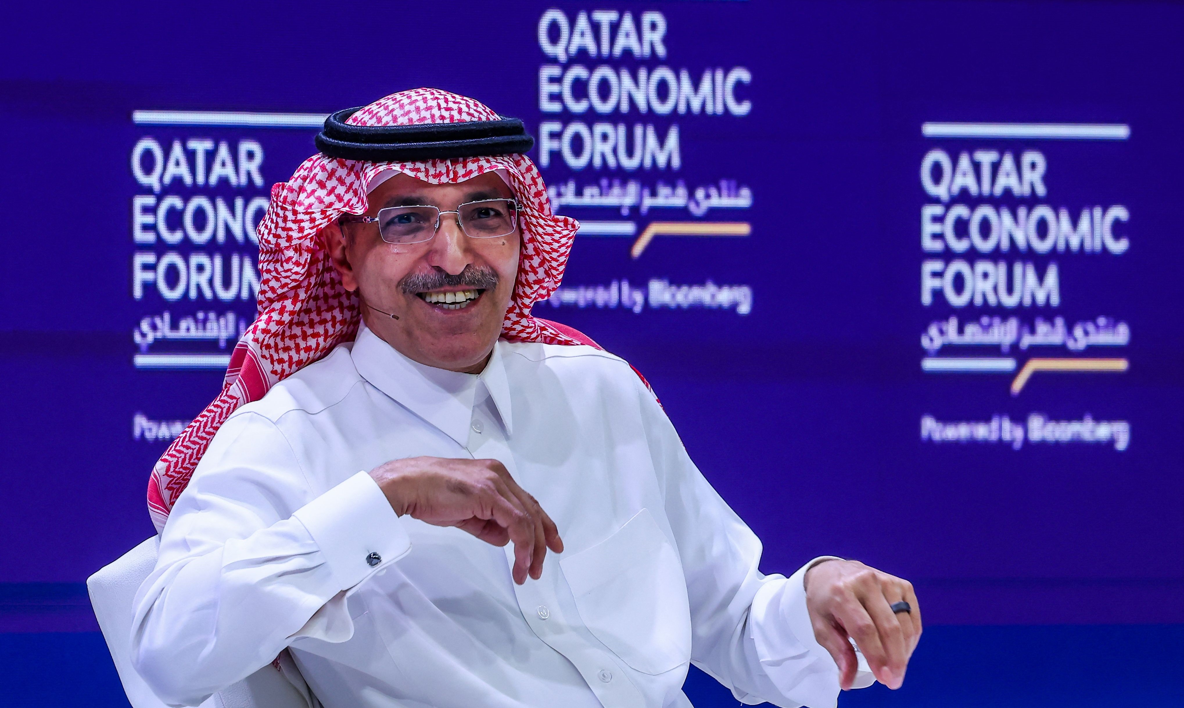 محمد الجدعان خلال مشاركته في منتدى قطر الاقتصادي اليوم. 